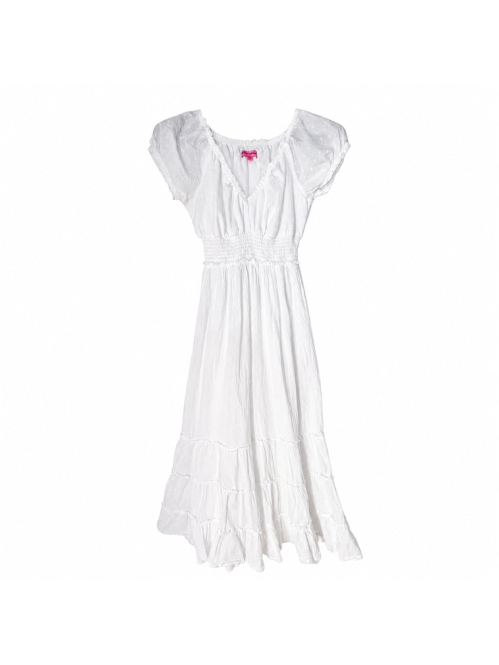 Betsey Johnson White Clip Dot Smocked Midi Dress Sz S Cottagecore Peasant Boho